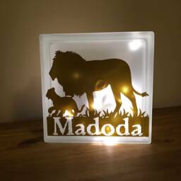 Lion With Cub Nightlight, Lions Glass Light Block, Illuminated Block - thumbnail 1