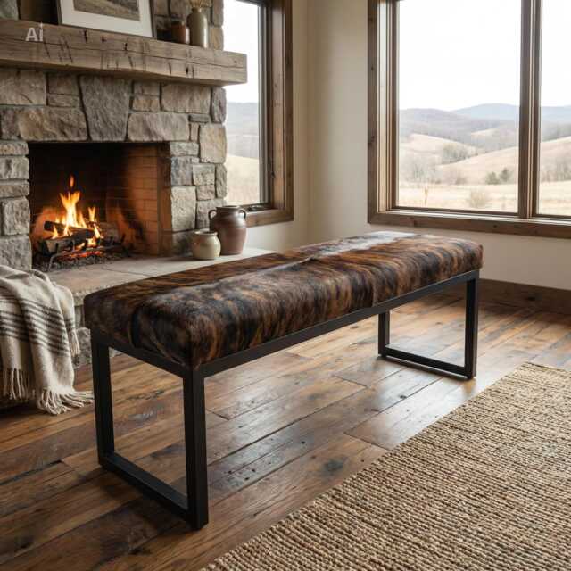 Genuine Cowhide & Matte Black Steel Bench For Entry Way, Bedroom, Dining - Fpb - image 1