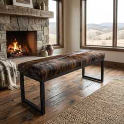 Genuine Cowhide & Matte Black Steel Bench For Entry Way, Bedroom, Dining - Fpb