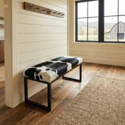 Genuine Cowhide & Matte Black Steel Bench For Entry Way, Bedroom, Dining - Fpb - thumbnail 3