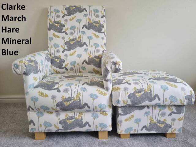 Clarke March Hare Fabric Adult Chair & Footstool Rabbits Hares Blue Ochre Pink Armchair Nursery Accent Serengetti Animals Nursing - image 1
