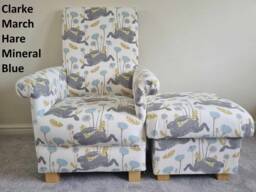 Clarke March Hare Fabric Adult Chair & Footstool Rabbits Hares Blue Ochre Pink Armchair Nursery Accent Serengetti Animals Nursing