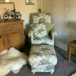 Clarke March Hare Fabric Adult Chair & Footstool Rabbits Hares Blue Ochre Pink Armchair Nursery Accent Serengetti Animals Nursing - thumbnail 2
