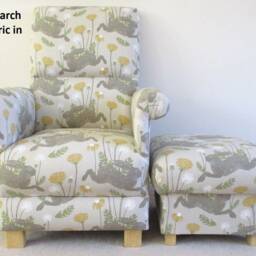 Clarke March Hare Fabric Adult Chair & Footstool Rabbits Hares Blue Ochre Pink Armchair Nursery Accent Serengetti Animals Nursing - thumbnail 3