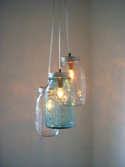 Mason Jar Chandelier, Pendant Lighting Fixture, 3 Clear & Blue Jars, Rustic Hanging Pendants, Bulbs Included - image 1