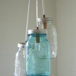 Mason Jar Chandelier, Pendant Lighting Fixture, 3 Clear & Blue Jars, Rustic Hanging Pendants, Bulbs Included - thumbnail 4