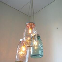 Mason Jar Chandelier, Pendant Lighting Fixture, 3 Clear & Blue Jars, Rustic Hanging Pendants, Bulbs Included - thumbnail 3