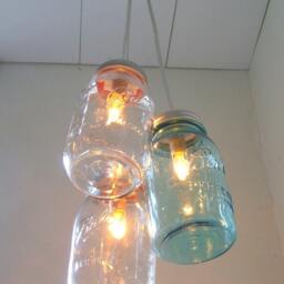 Mason Jar Chandelier, Pendant Lighting Fixture, 3 Clear & Blue Jars, Rustic Hanging Pendants, Bulbs Included - thumbnail 2