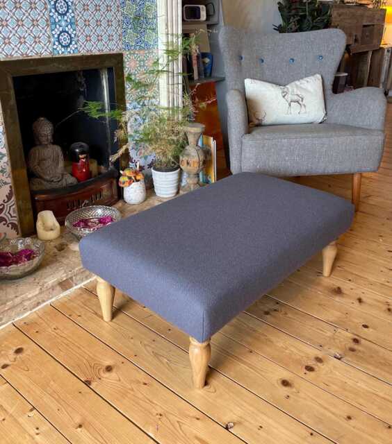 Handmade Upholstered Ottoman Footstool Hardwood Legs, Various Offcuts Of Fabric - image 1