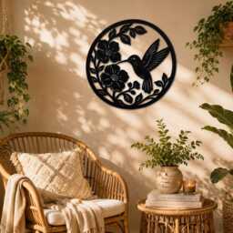 Hummingbird Metal Wall Art, Floral Garden Decor, Outdoor Patio Accent - thumbnail 2