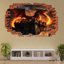 Red Dragon Burning Castle Wall Sticker - Large Mural, Decals - Self-Adhesive Poster, Removable Vinyl, Home, Bedroom, Office Decor 1316 - thumbnail 2