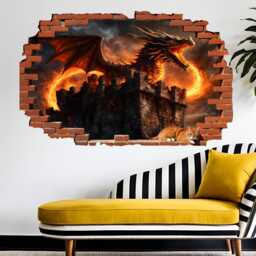 Red Dragon Burning Castle Wall Sticker - Large Mural, Decals - Self-Adhesive Poster, Removable Vinyl, Home, Bedroom, Office Decor 1316 - thumbnail 1