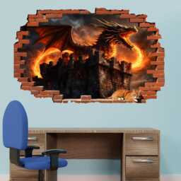 Red Dragon Burning Castle Wall Sticker - Large Mural, Decals - Self-Adhesive Poster, Removable Vinyl, Home, Bedroom, Office Decor 1316 - thumbnail 3