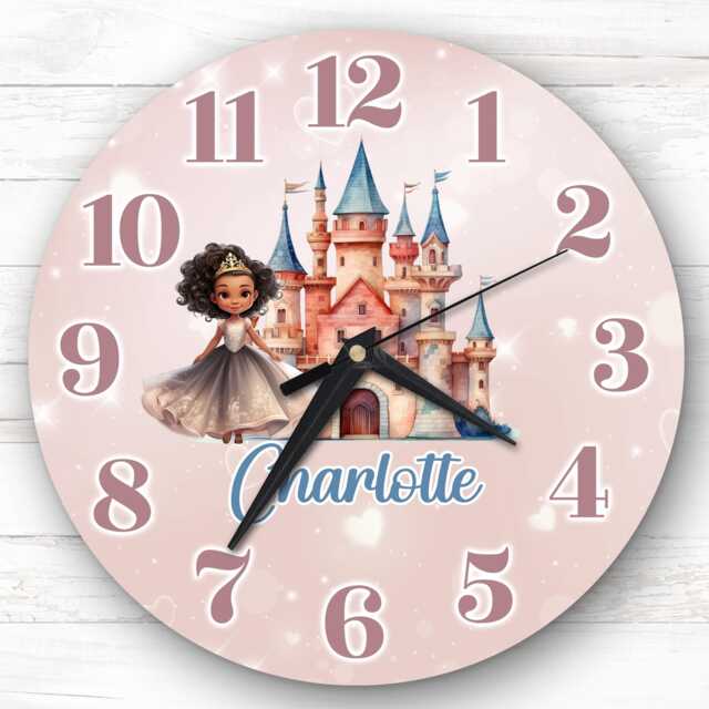 Girls Dark Skin Princess Castle Personalised Gift For Kid's Bedroom Clock - Kids Clock, Children's , Custom Wall - image 1