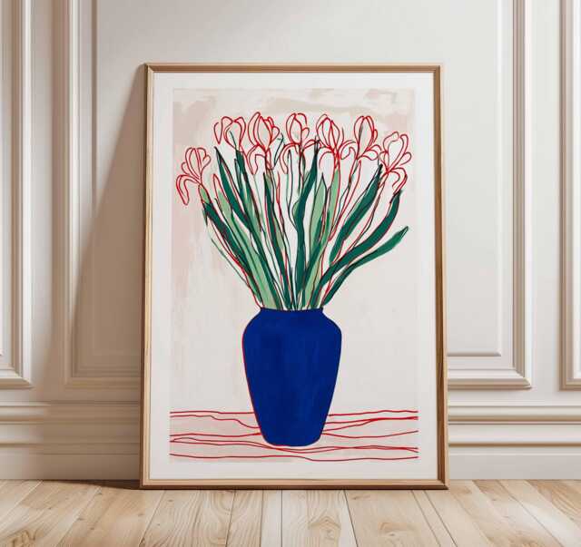 Modern Floral Line Art, Abstract Botanical Poster, Bold Blue Vase Wall Contemporary Red Flower Print, Minimalist Home Decor - image 1