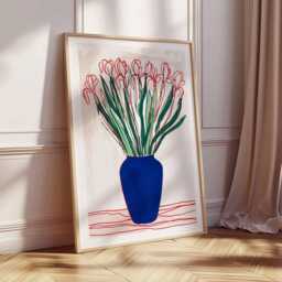 Modern Floral Line Art, Abstract Botanical Poster, Bold Blue Vase Wall Contemporary Red Flower Print, Minimalist Home Decor - thumbnail 2