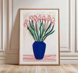 Modern Floral Line Art, Abstract Botanical Poster, Bold Blue Vase Wall Contemporary Red Flower Print, Minimalist Home Decor - thumbnail 1