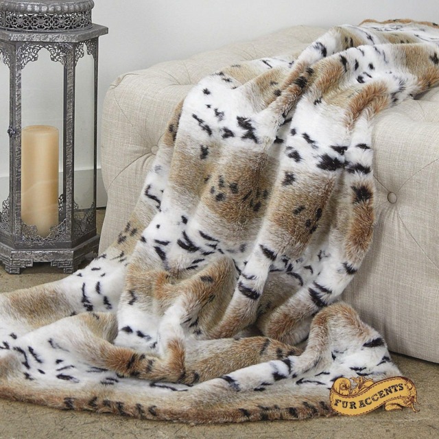 Snow Lynx Faux Fur Throw Blanket, Beige Spotted Luxury Bedspread - image 1