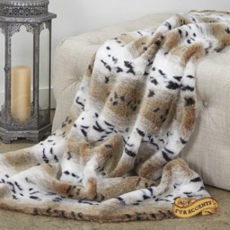 Snow Lynx Faux Fur Throw Blanket, Beige Spotted Luxury Bedspread