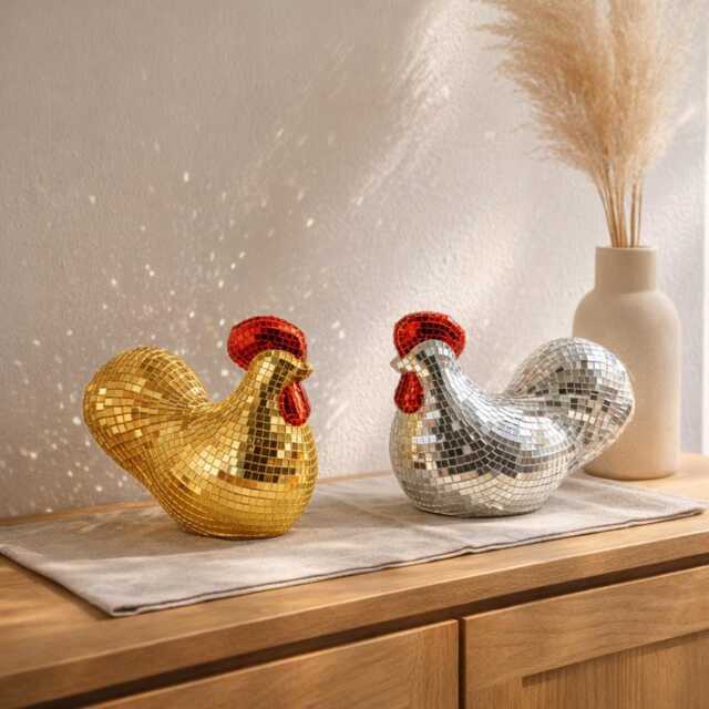 Mirror Mosaic Rooster Ornament - Disco Glam Sparkle Decor Statement Gift For Her Birthday & Housewarming UK - image 1