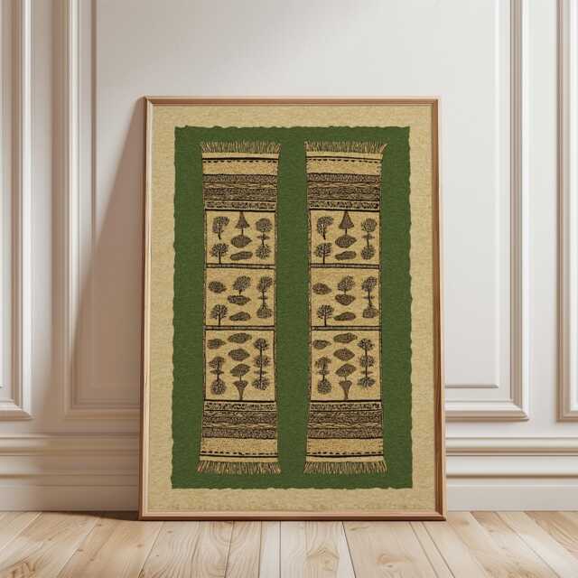 Green Folk Textile Poster - Vintage Tapestry Pattern Art Botanical Carpet Motif - image 1