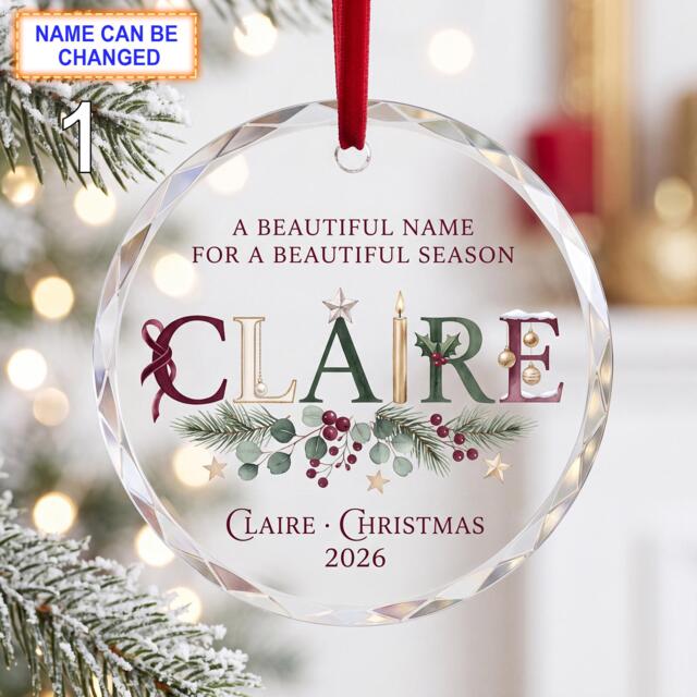 A Beautiful Name For A Season Christmas Glass Ornament, Custom Floral Keepsake With Evergreen Sprigs & Elegant Lettering - image 1