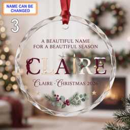 A Beautiful Name For A Season Christmas Glass Ornament, Custom Floral Keepsake With Evergreen Sprigs & Elegant Lettering - thumbnail 3