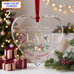 A Beautiful Name For A Season Christmas Glass Ornament, Custom Floral Keepsake With Evergreen Sprigs & Elegant Lettering - thumbnail 2