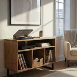 Reclaimed Wood Tv Stand - Vinyl Storage Cabinet Vinyls Records Display -Handmade Solid Console With Metal Legs Industrial Furniture - thumbnail 2