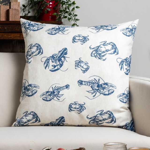 Crab & Lobster Nautical Extra-Large Cushion. Marine Blue White Sea Creature Design For Beach Huts. 23X23 - image 1
