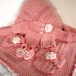 Crochet Pattern, Baby Layette 5 Pieces, Blanket Sweater Booties Diaper Cover Beanie Hat Instant Download - thumbnail 2