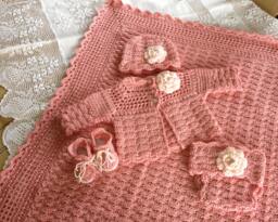 Crochet Pattern, Baby Layette 5 Pieces, Blanket Sweater Booties Diaper Cover Beanie Hat Instant Download - thumbnail 1