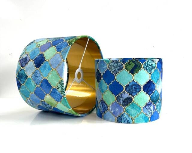 New Luxury Premium Range Velvet Blue Tile Moroccan Geometric Pattern Lamp Shade Pendant Light Blue With Metallic Lining - image 1