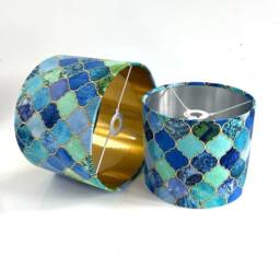 New Luxury Premium Range Velvet Blue Tile Moroccan Geometric Pattern Lamp Shade Pendant Light Blue With Metallic Lining - thumbnail 2