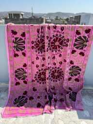 Handmade Uzbek Suzani Velvet Quilt - Vintage Inspired Bedspread - thumbnail 1