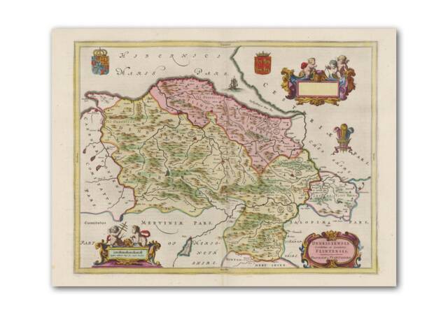 Flintshire, Denbighshire Map - Denbigiensis Comitatus Et Flintensis Ancient Map By J. Blaeu -1665 Poster Wall Art -Welsh Maps - image 1