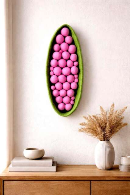 Felted Wool Sculpture 3D Pop Art Sculpture, Unusual 3D Wall Art, Pink Bubbles With Green Frame, Dopamine Decor, Sculptural Wall - image 1