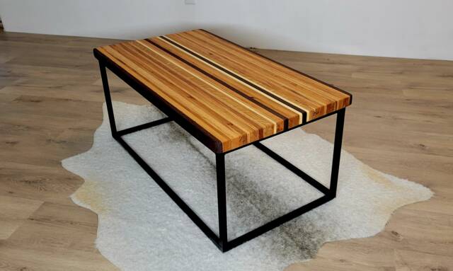 Butcher Block Coffee Table, Solid Wood Top, Black Steel Base - image 1