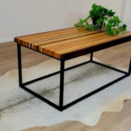 Butcher Block Coffee Table, Solid Wood Top, Black Steel Base - thumbnail 3