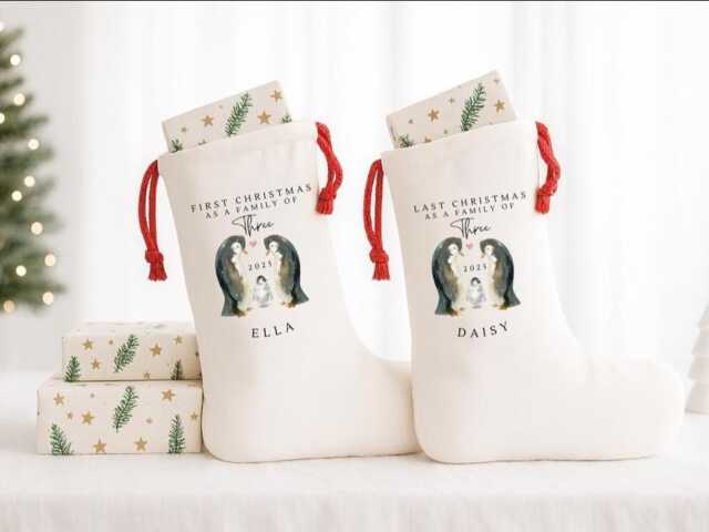 Personalised Last Christmas As A Family Of Three Stockings, Customised Keepsake Gifts, Gift Stockings - image 1