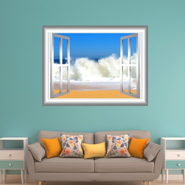 Fake Window, Surf Nursery Decor, Peel & Stick Beach Waves 3D Vinyl Decal Ocean Wall Art - Vwaq Nw77