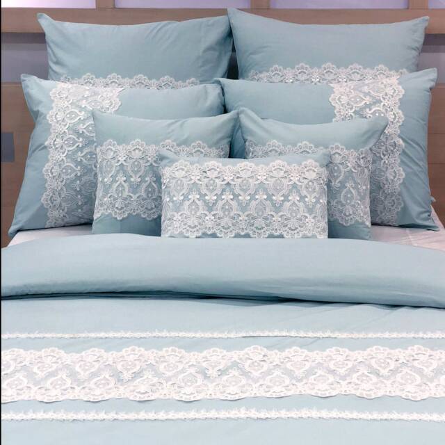 King, Queen & Twin Size Blue Decorative Duvet Cover Set, Cotton Lace Embroidery, French Toile Contemporary - Breeze - image 1