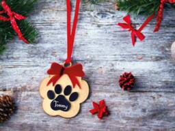 Paw Shape Christmas Tree Ornament With Name, Any Name Ornament, Custom Bauble, Acrylic & Wood Red Bow - thumbnail 1