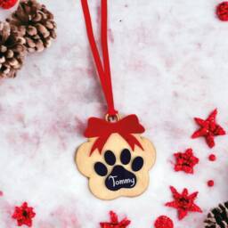Paw Shape Christmas Tree Ornament With Name, Any Name Ornament, Custom Bauble, Acrylic & Wood Red Bow - thumbnail 3