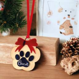 Paw Shape Christmas Tree Ornament With Name, Any Name Ornament, Custom Bauble, Acrylic & Wood Red Bow - thumbnail 2