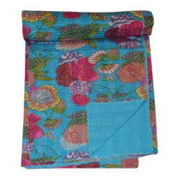 Indian Fruit Print Kantha Quilt Handmade Gudari Bed Sheet Throw Cotton Bedspread Bohemian Quilt, Hand Quilted Blanket - thumbnail 1