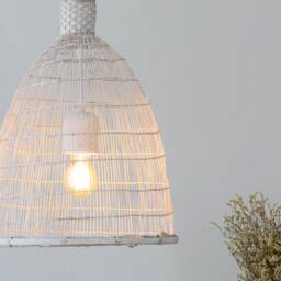 Handmade White Bamboo Pendant Lamp, Rustic Asian Woven Light - thumbnail 2