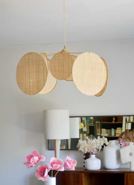 8-Round Linen & Brass Pendant Light - Designer Chandelier Kinetic Mobile Handmade - image 1