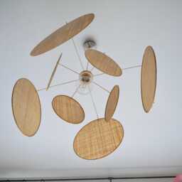 8-Round Linen & Brass Pendant Light - Designer Chandelier Kinetic Mobile Handmade - thumbnail 3