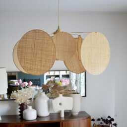 8-Round Linen & Brass Pendant Light - Designer Chandelier Kinetic Mobile Handmade - thumbnail 2